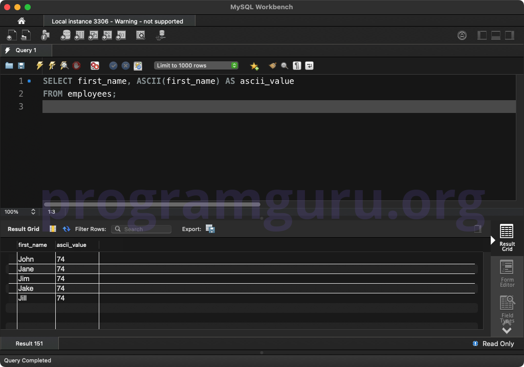 MySQL ASCII() WITH WHERE CLAUSE