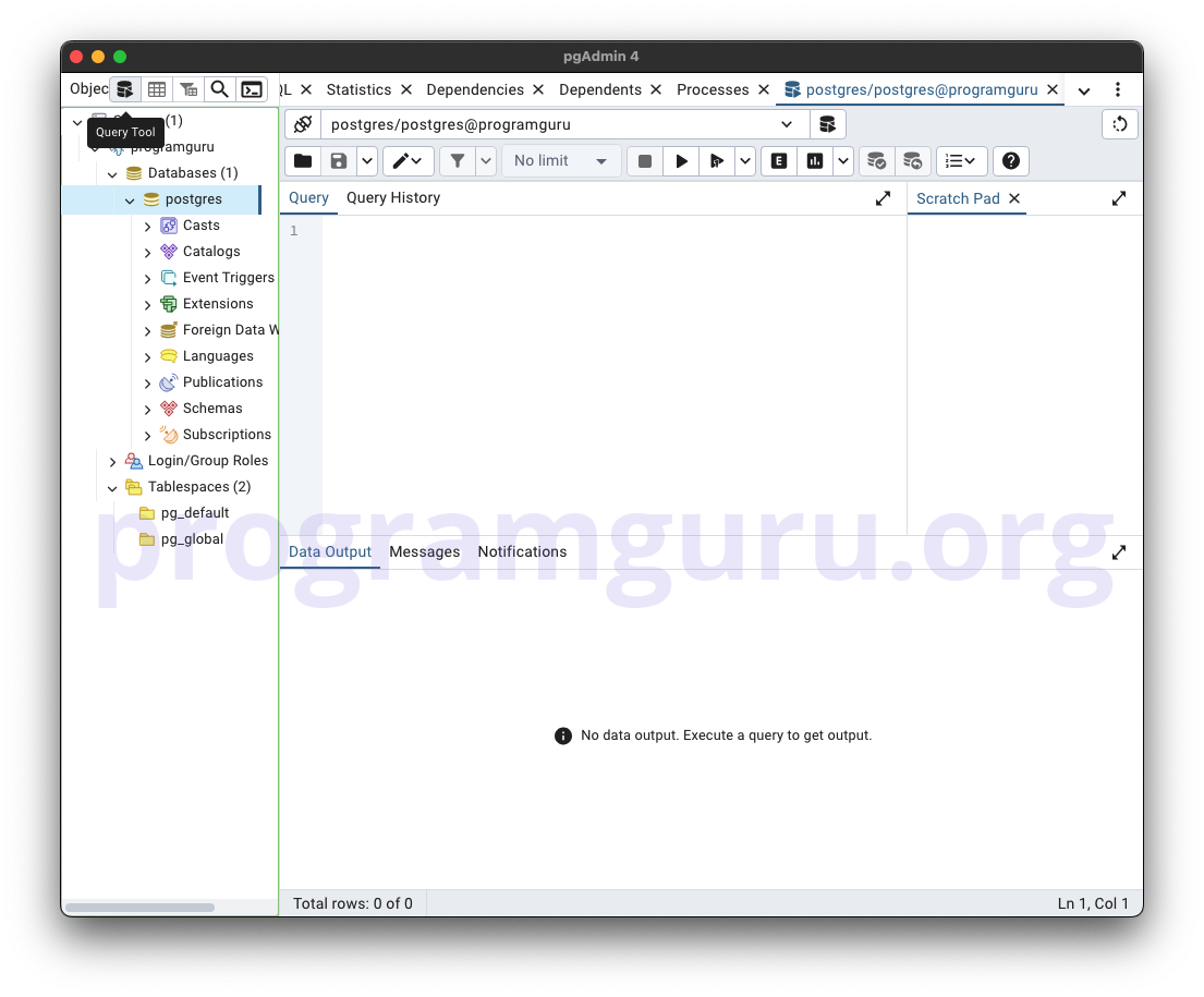 Step 2 - pgAdmin Open Query Tool for the Database using Icon