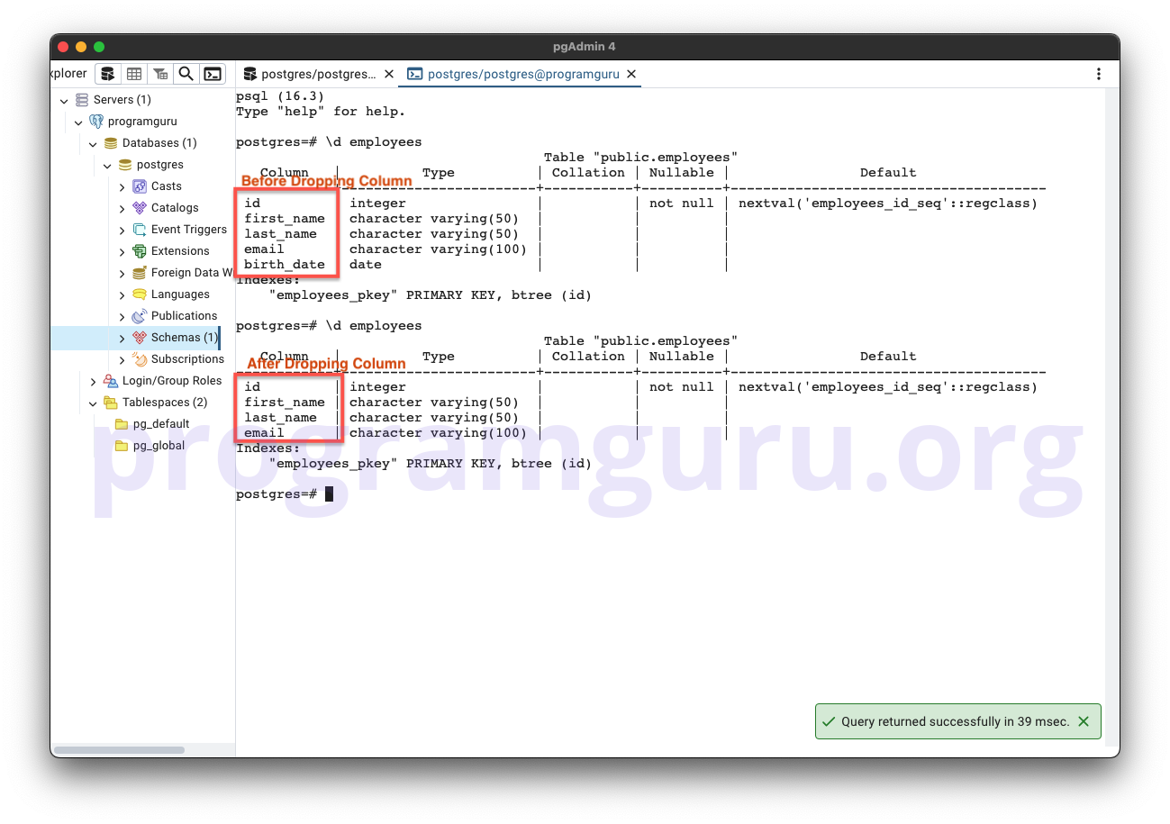 PostgreSQL DROP COLUMN from Table