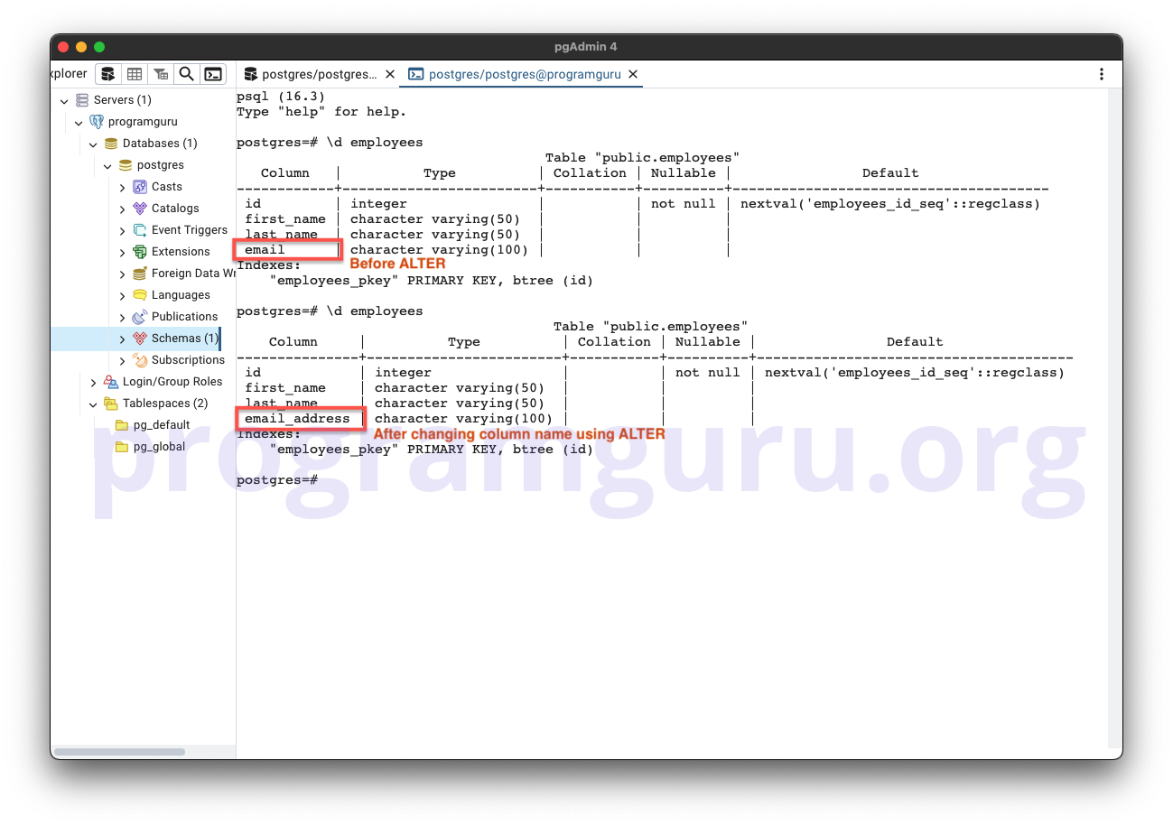 PostgreSQL RENAME COLUMN in Table