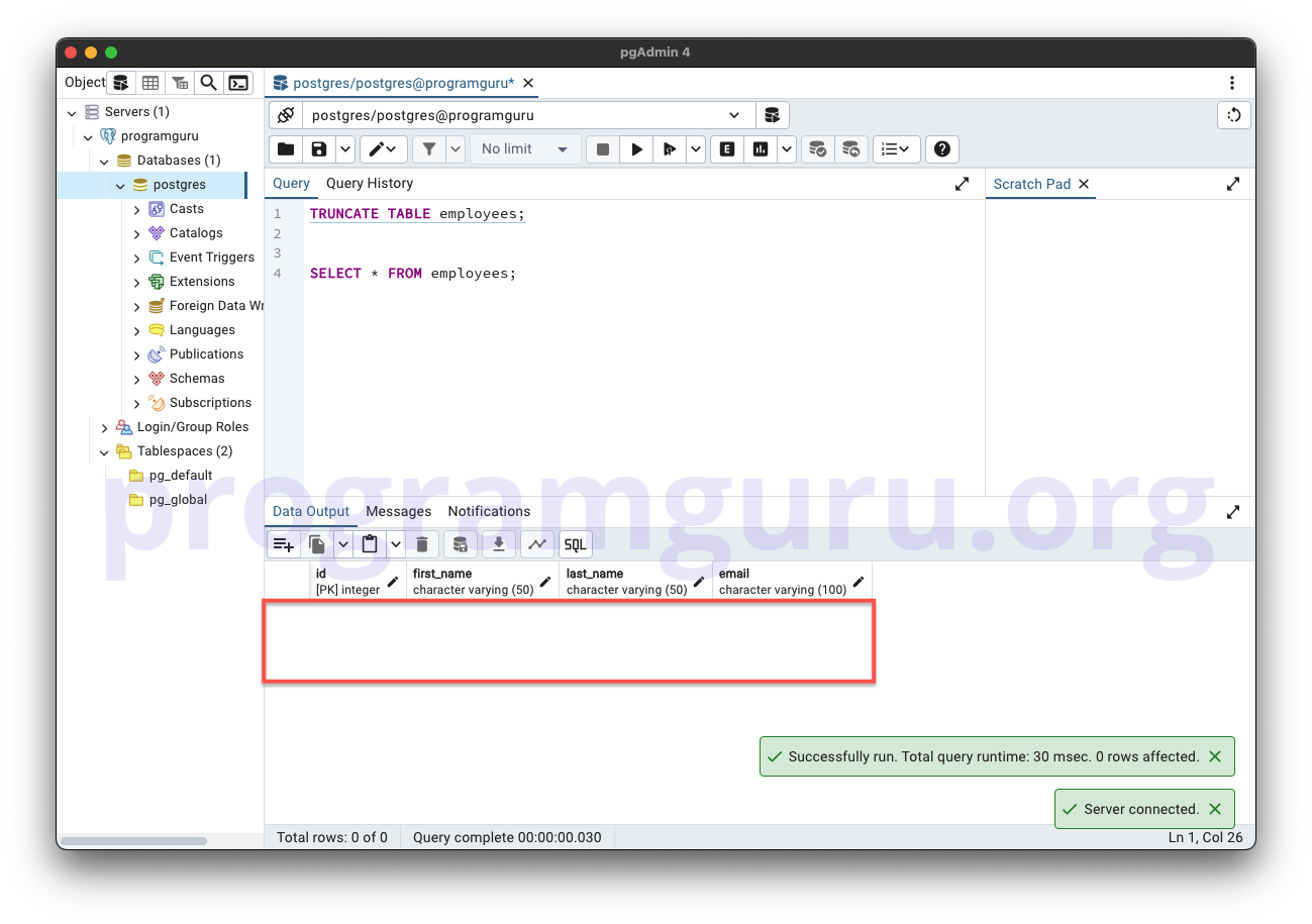 PostgreSQL TRUNCATE TABLE