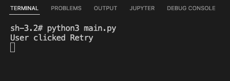 Tkinter askretrycancel() Output - When user clicks on Retry button